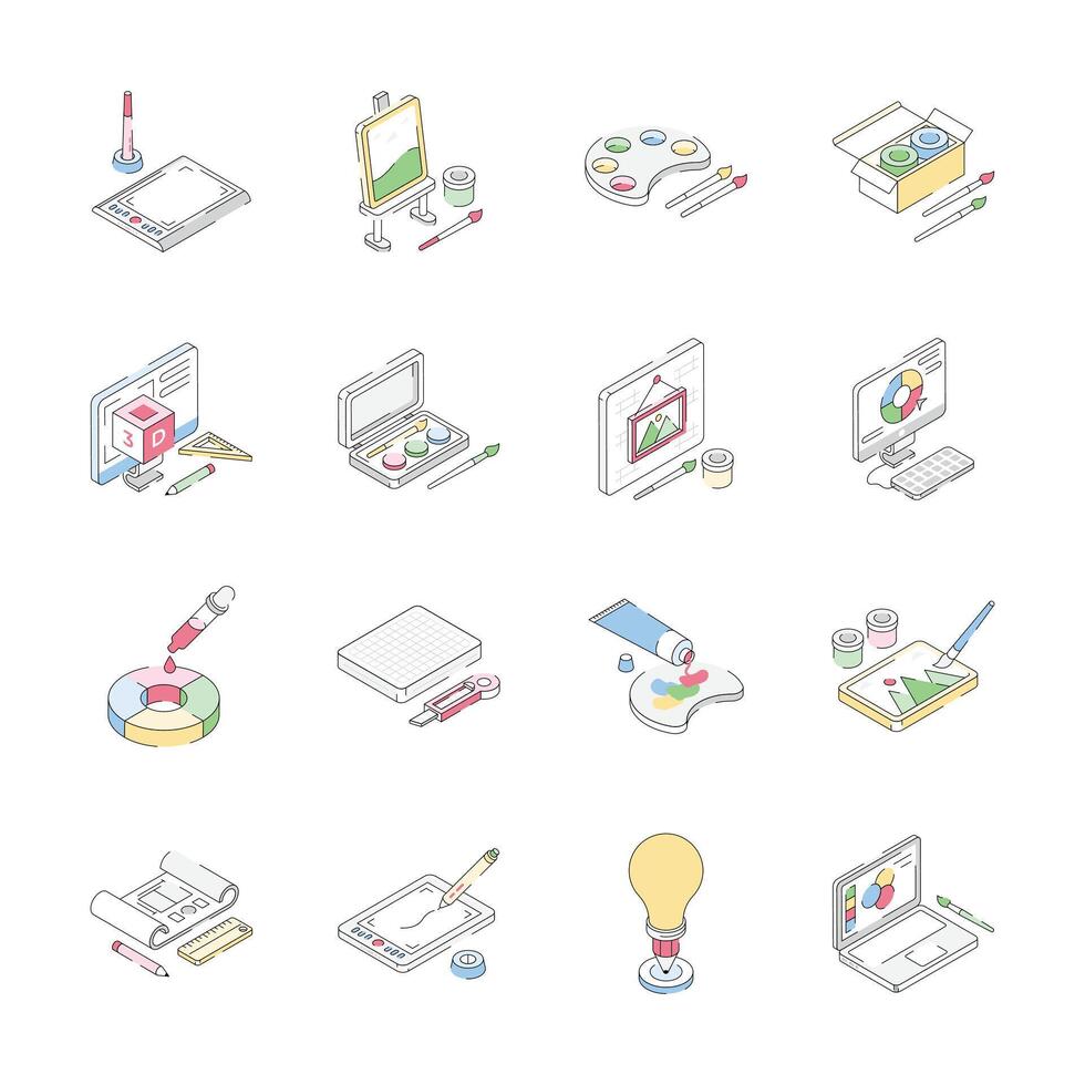 An isometric collection showing graphic designing and art supplies icons vector