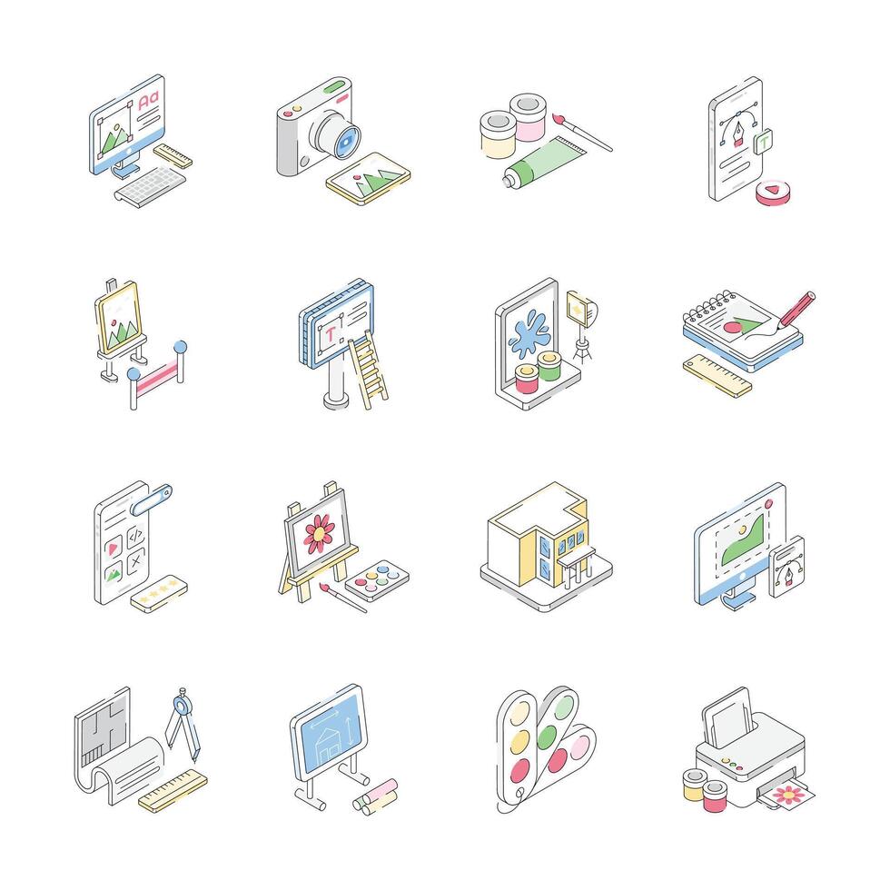 Handy bundle of isometric icons showing digital art and painting supplies vector