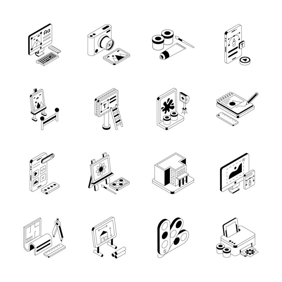 Handy bundle of isometric icons showing digital art and painting supplies, vector