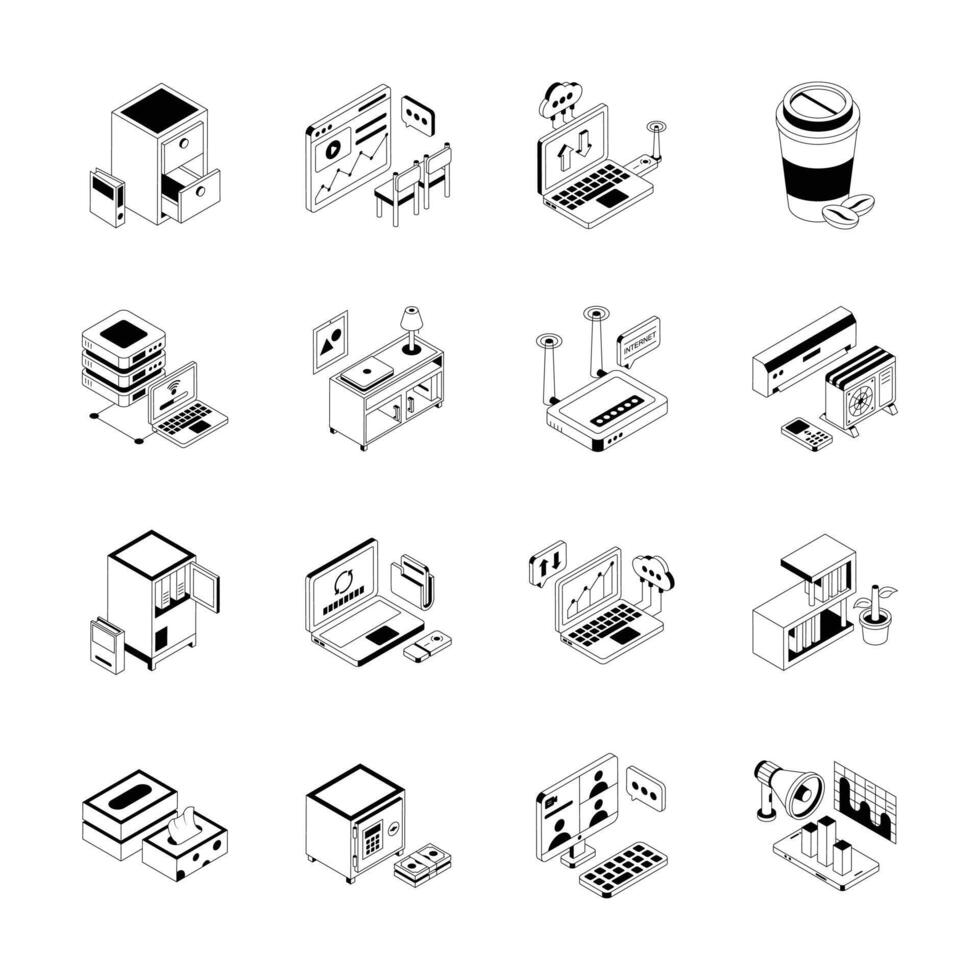 Download modern set of office equipment isometric icons, easy to edit vector