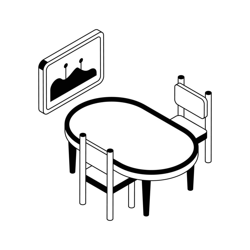 Here is an isometric outline icon depicting meeting room furniture. vector