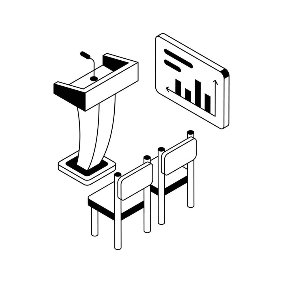 Have a look at this modern isometric showing business seminar setup. vector