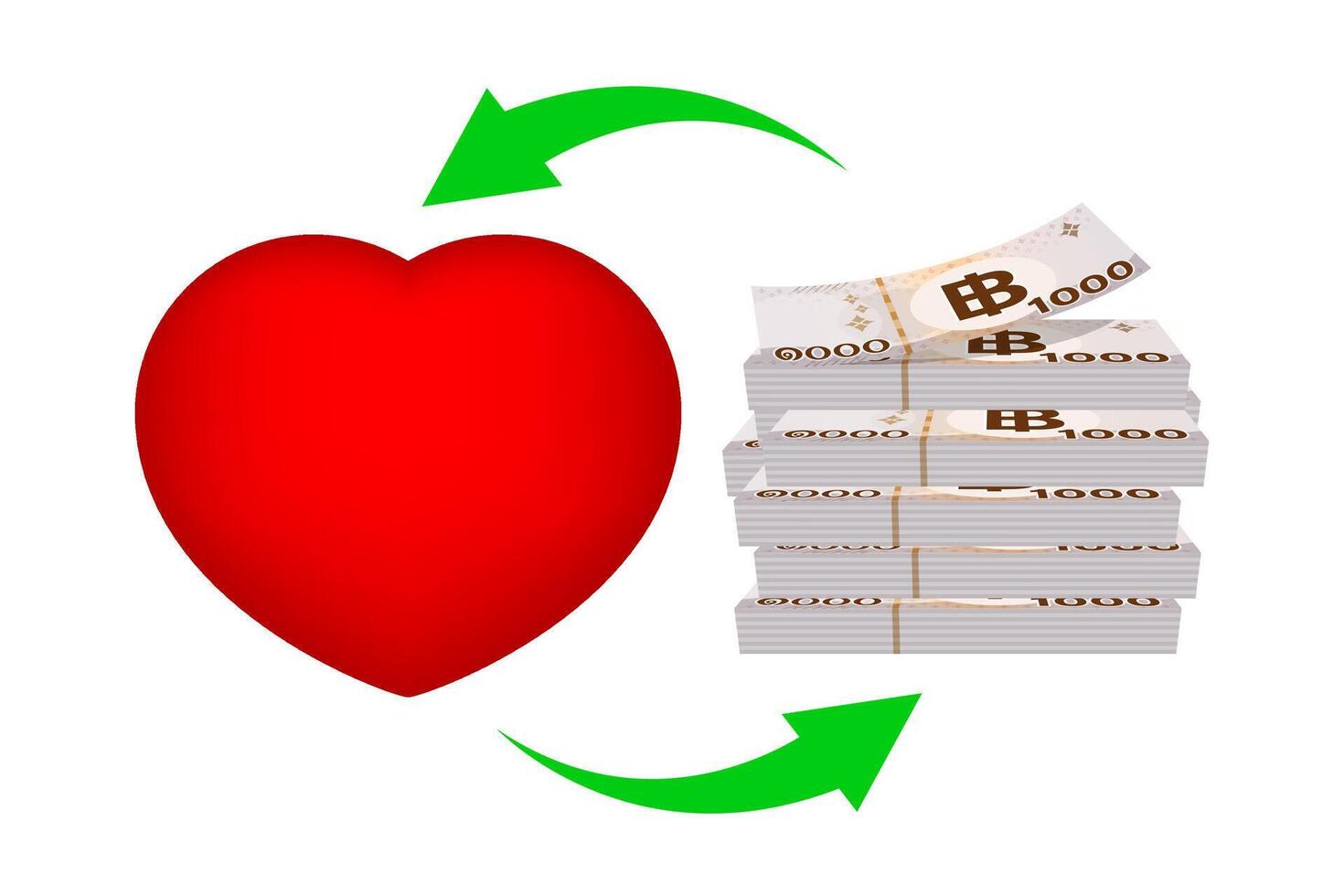 pile 1000 baht banknote money and red heart shape with arrow, money and life health concept, heart shape and THB banknote money for insurance concept, money thai baht and red heart symbol vector