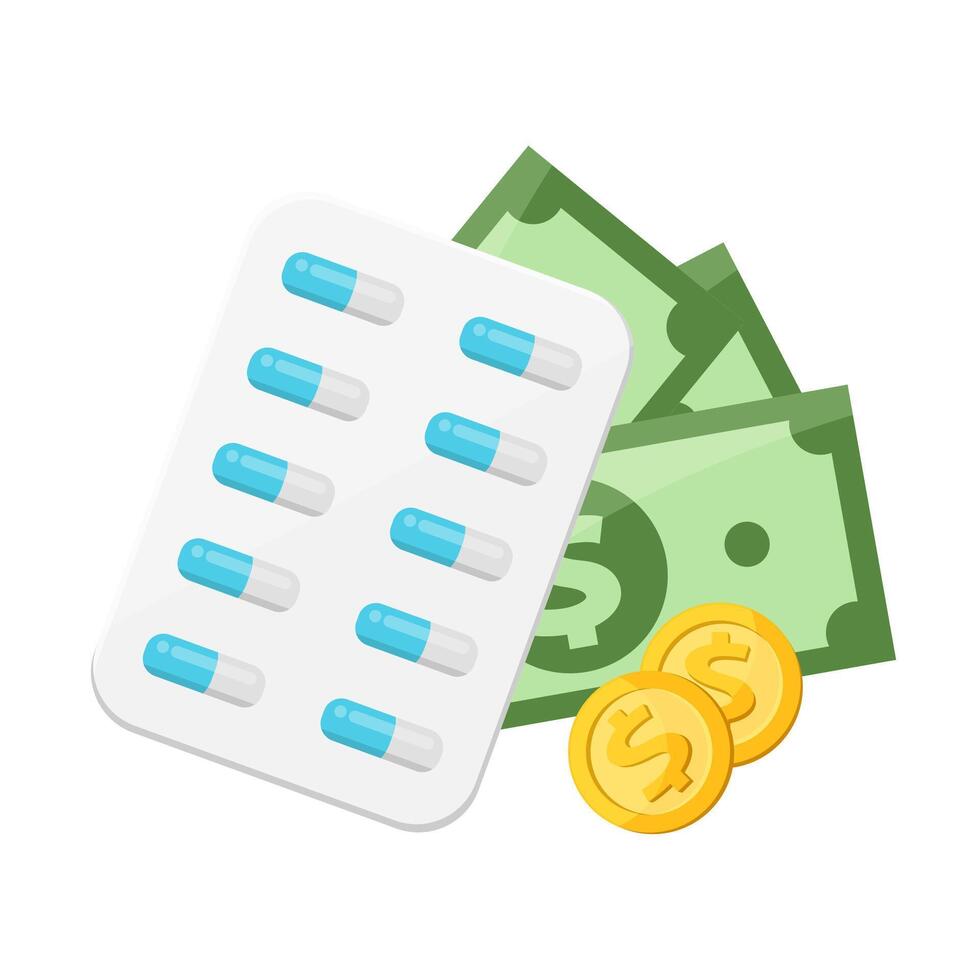 money and capsule medicine for health finance, money for expensive medicine and healthcare spendings, money and medicine for health insurance expenses, pill capsule tablet and money for health care vector