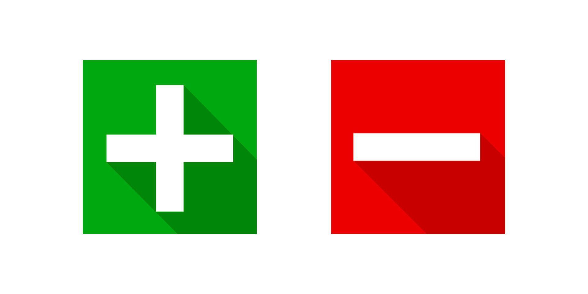 square minus and plus sign icons modern graphic, negative and positive symbol isolated on white, anode cathode sign red and green square buttons vector