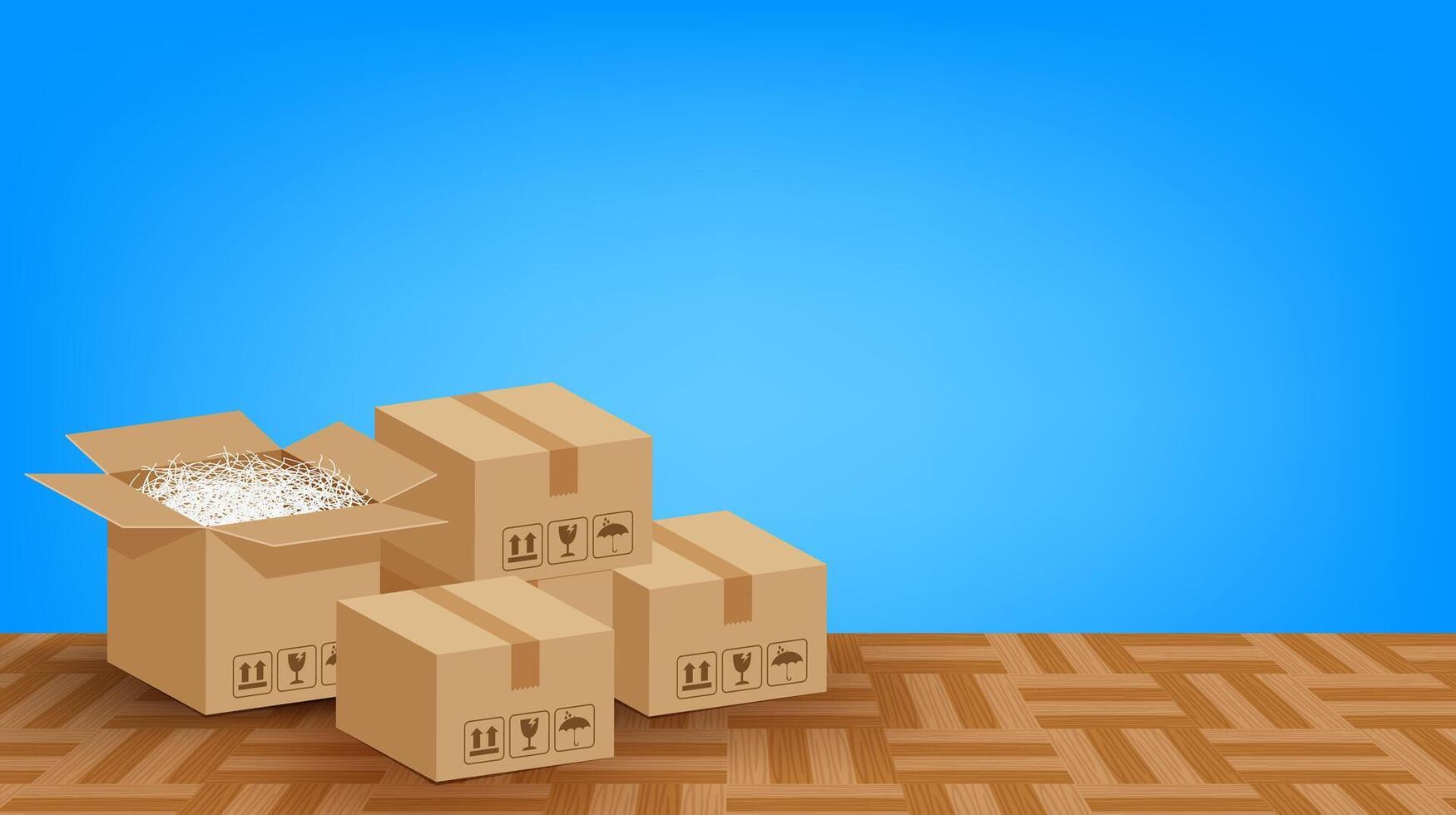 pile boxes brown placed on the parquet floor in the blue room empty, cardboard carton box and copy space ad, stack cardboard box carton on the room floor, parcel boxes brown packaging for transport vector