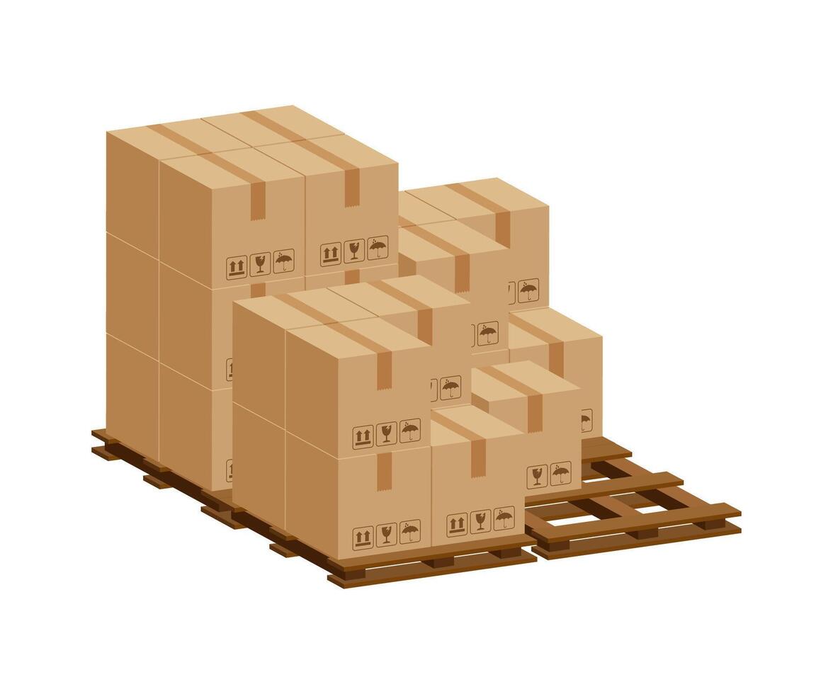 pile crate boxes 3d on wooden pallet, wood pallet with cardboard box in factory warehouse storage, cardboard parcel boxes stack of warehouse factory, packaging cargo, boxes brown on white vector