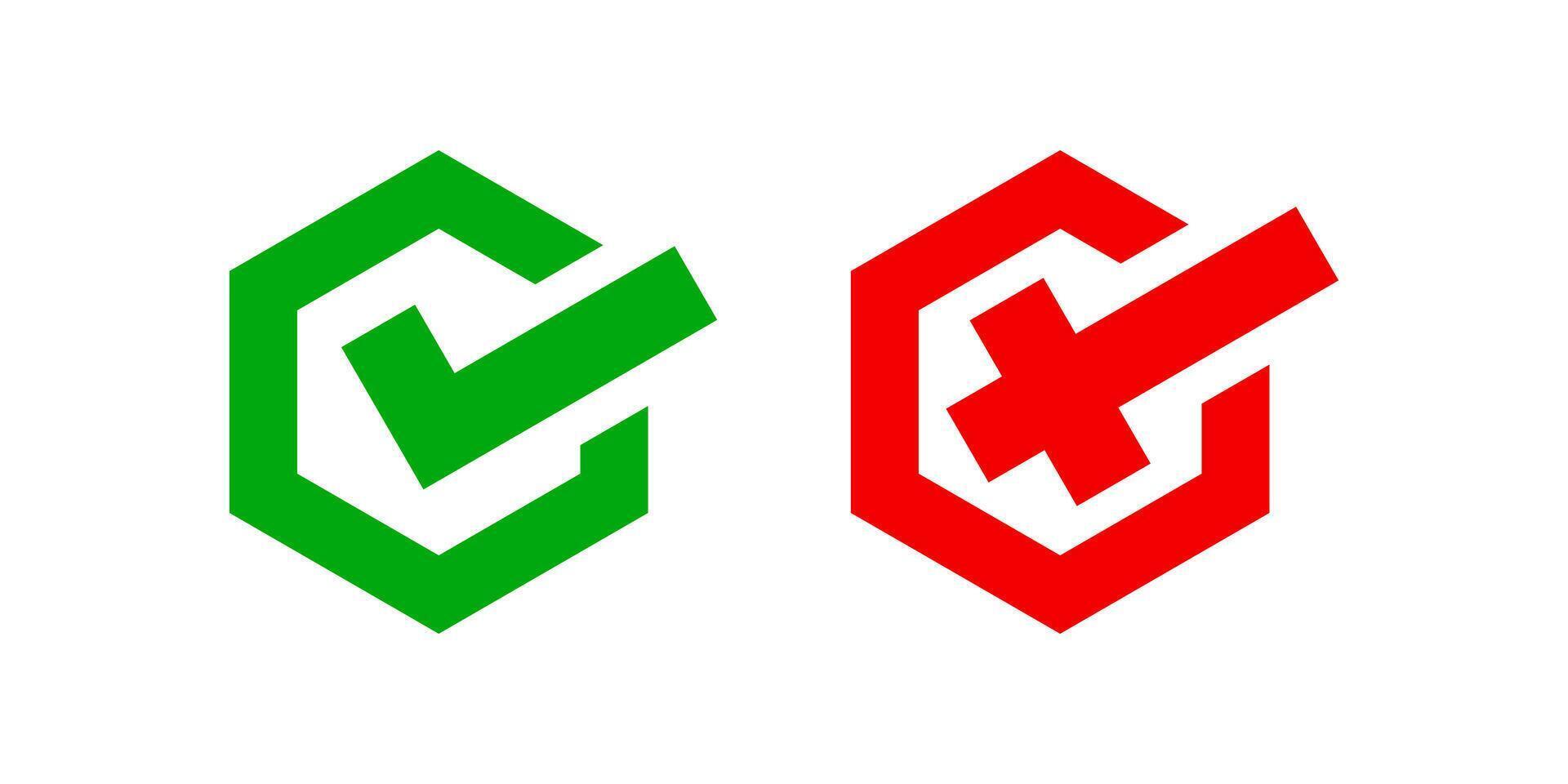 hexagon check mark and x or confirm and deny, hexagon button checkmark for apps or websites, icon checklist choice, checkbox button for choose, hexagon answer box for check mark, approval check sign vector