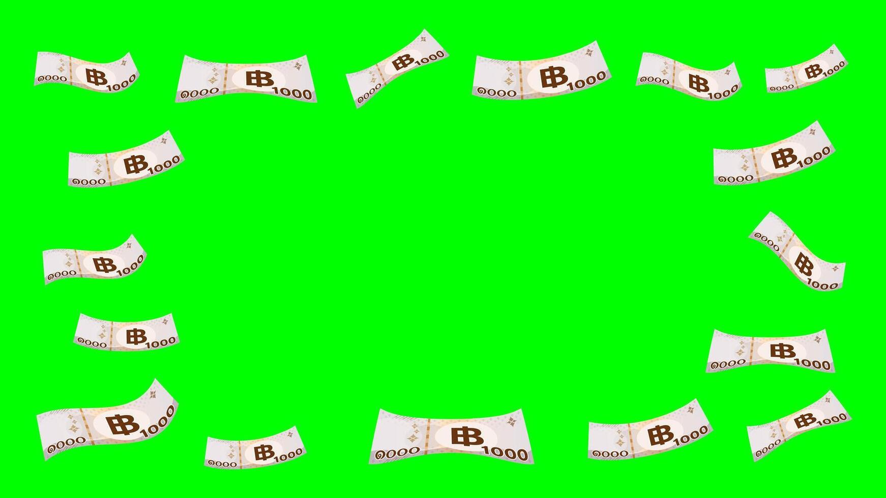 1000 baht thai money flying isolated on green screen background, banknote money falling over green, thai currency one thousand THB, many paper money, money bank note for chroma key screen backgrounds vector