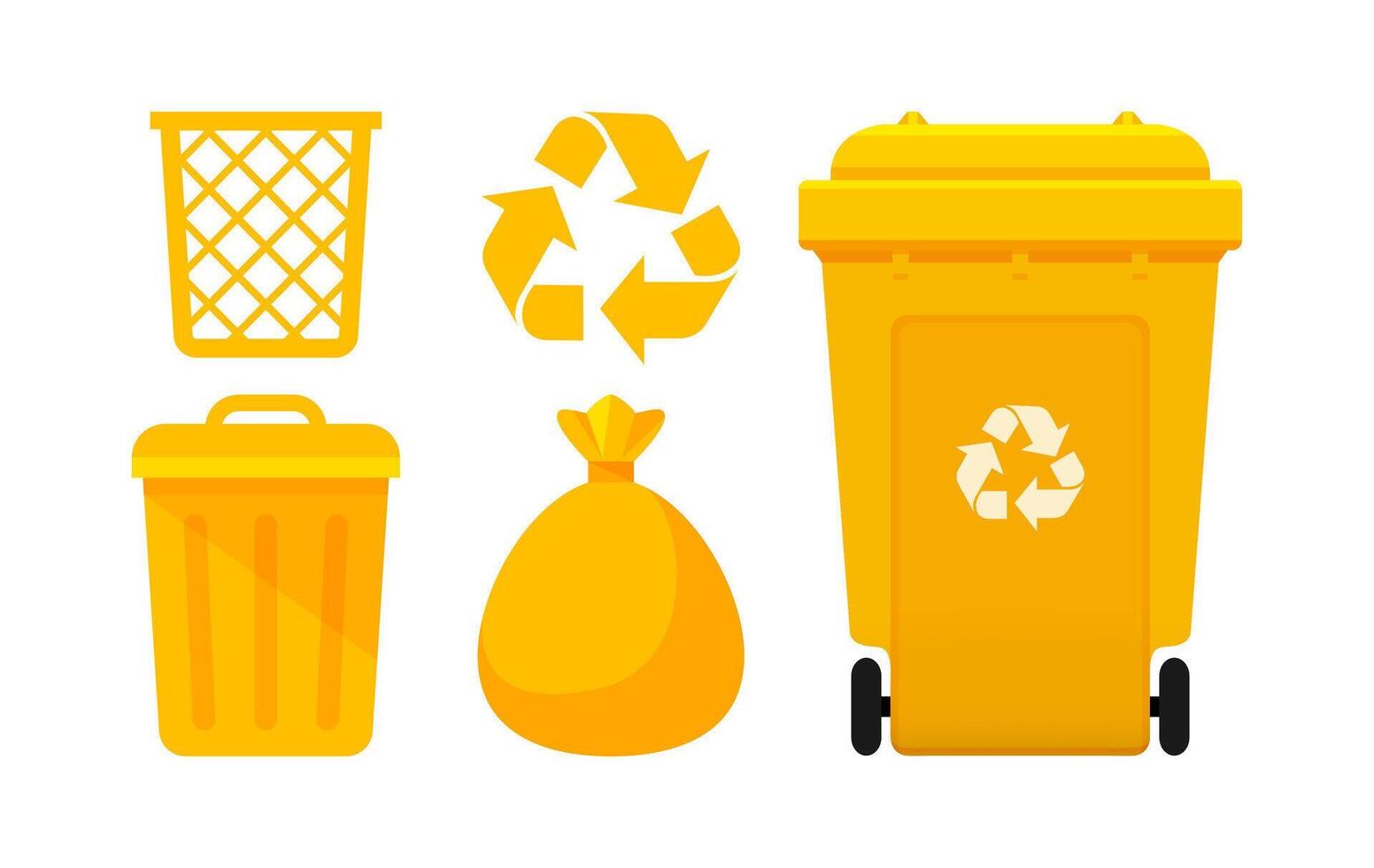Yellow Bin Collection, Recycle Bin and Yellow Plastic Bags Waste isolated on white, Bins Yellow with Recycle Waste Symbol, Front view set of the Yellow Bins and Bag Plastic for Garbage waste, 3r Trash vector