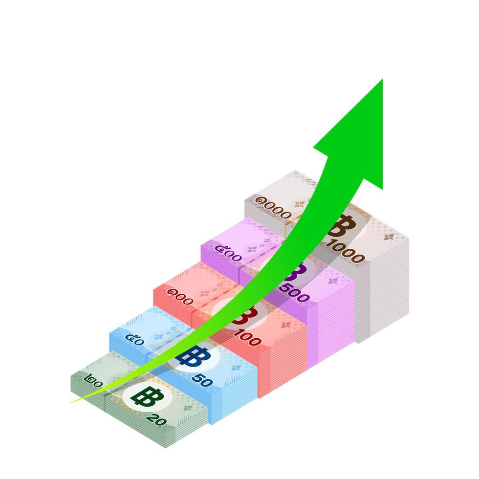 banknote money thai baht, arrow pointing up, success growth concept, currency 1000, 500, 100, 50, 20 THB isolated on white, money thailand baht and arrow progress finance, paper money with B symbol vector