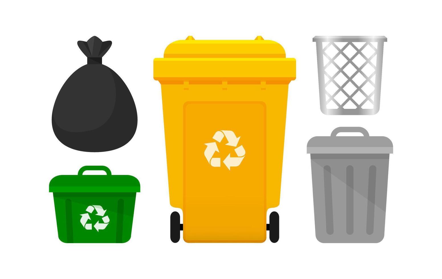Bin Collection, Yellow Recycle Bin and Plastic Bags Waste isolated on white Background, Bins with Recycle Waste Symbol, Front view set of the Bins and Bag Plastic for Garbage waste, 3r Trash vector
