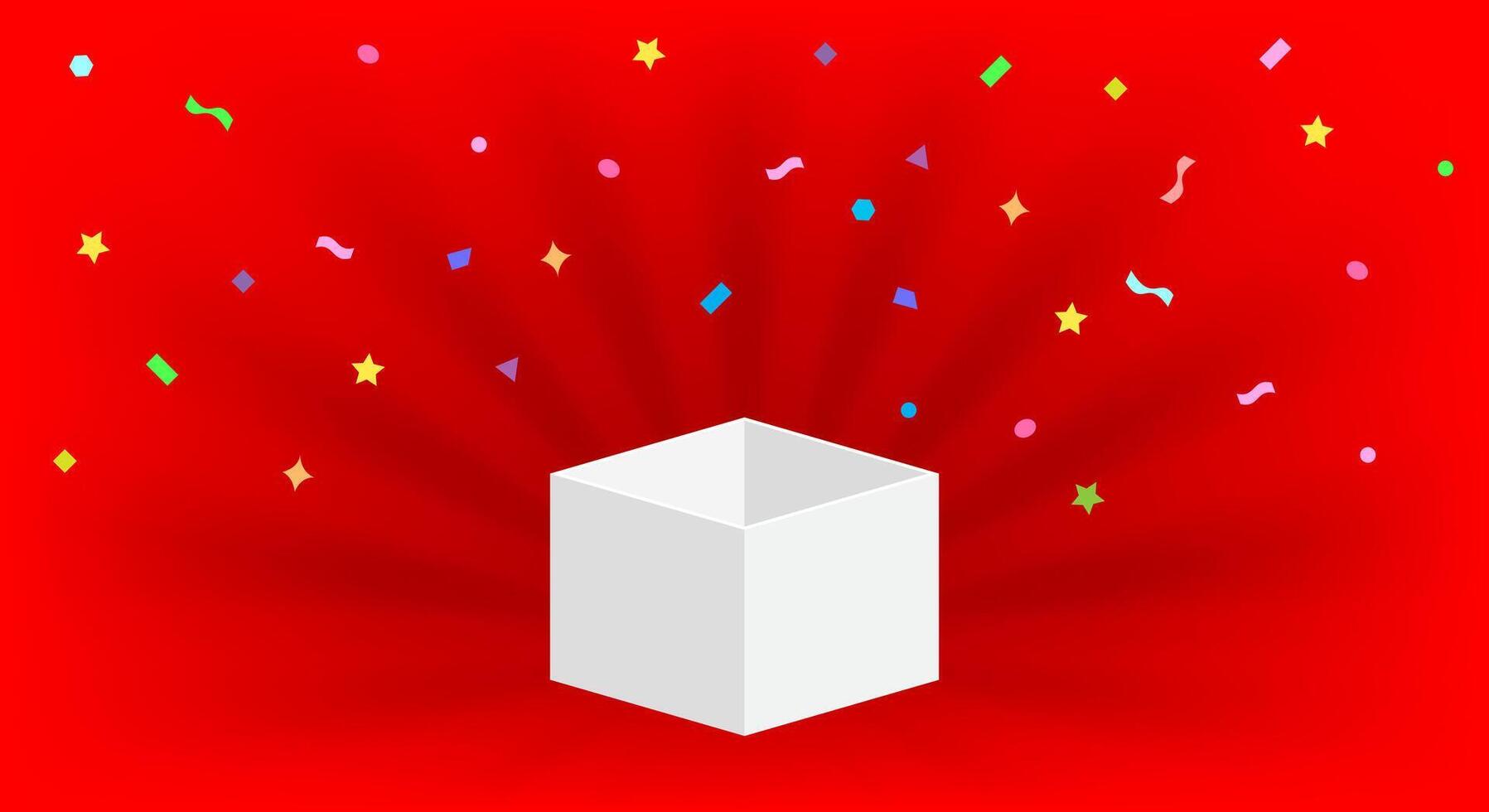 empty box open isolated on red background, open white box for surprise or gift present, blank box copy space for greeting text concept, white gift box and ribbon confetti colorful vector