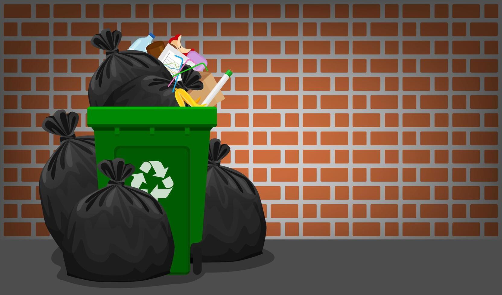 pile of garbage waste and bag plastic at green recycle bin on brick wall, plastic garbage waste many, plastic waste dump and bin green, illustration stack plastic waste and bin separation recycle vector