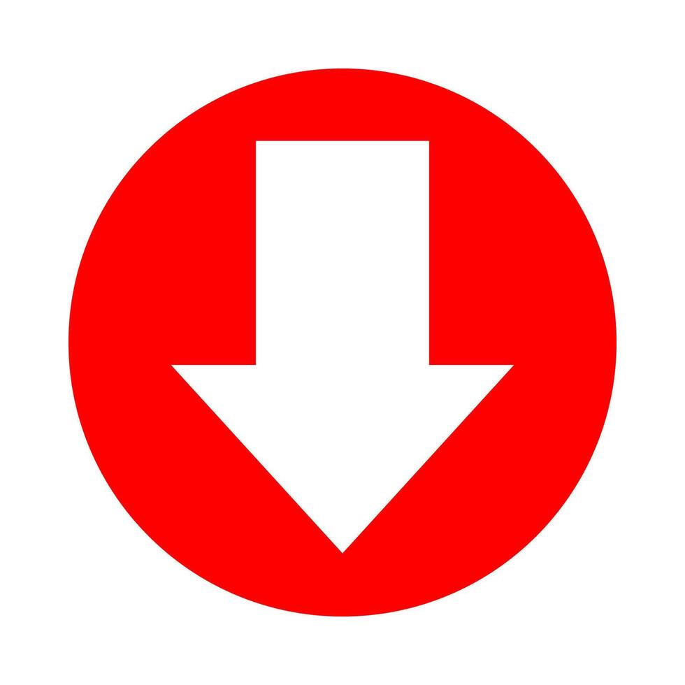 arrow pointing down white in circle red for icon flat isolated on white, circle with arrow for button interface app, arrow sign of next or download upload concept, arrow simple symbol for direction vector