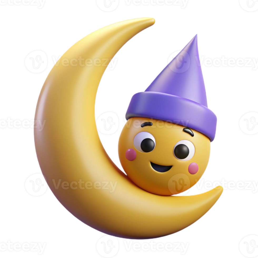 dramatic elegant Smiling crescent moon character with pointy hats. Minimal design, flat color, crisp edges with Scalable Design. high resolution png