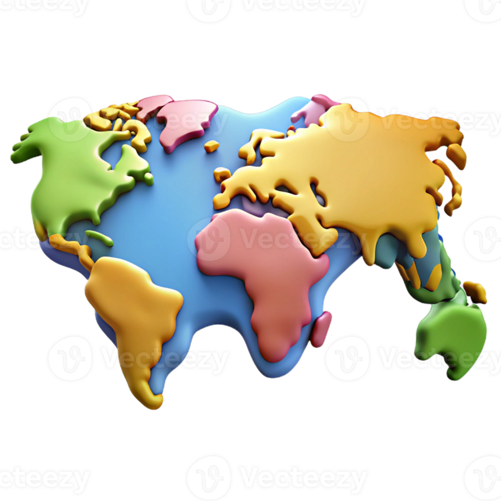 beautiful dreamy impressionist World map with highlighted continents in different flat colors. Crisp edges, with Scalable Design. museum quality png