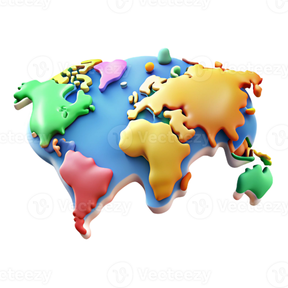 picturesque harmonious baroque World map with highlighted continents in different flat colors. Crisp edges, with Scalable Design. masterfully captured png