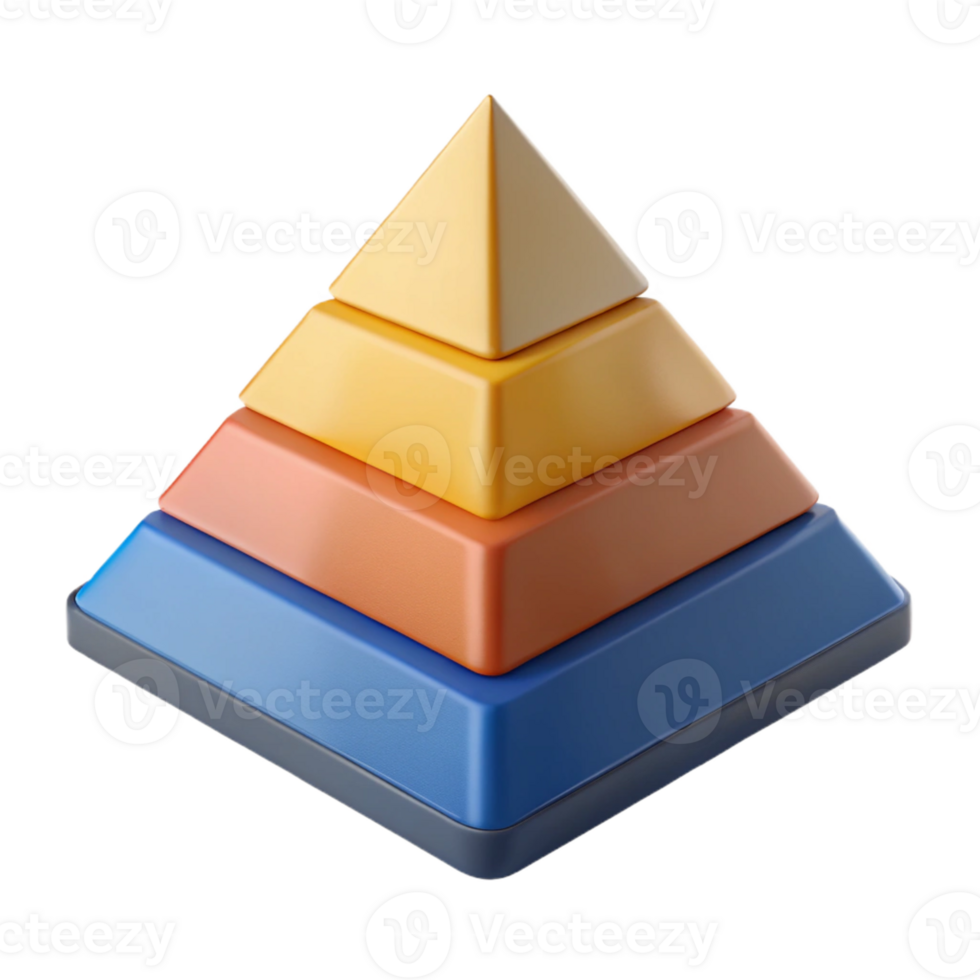 exquisite geometric Pyramid chart with three levels, sharp edges, solid colors. Minimal, with Scalable Design. impeccable png