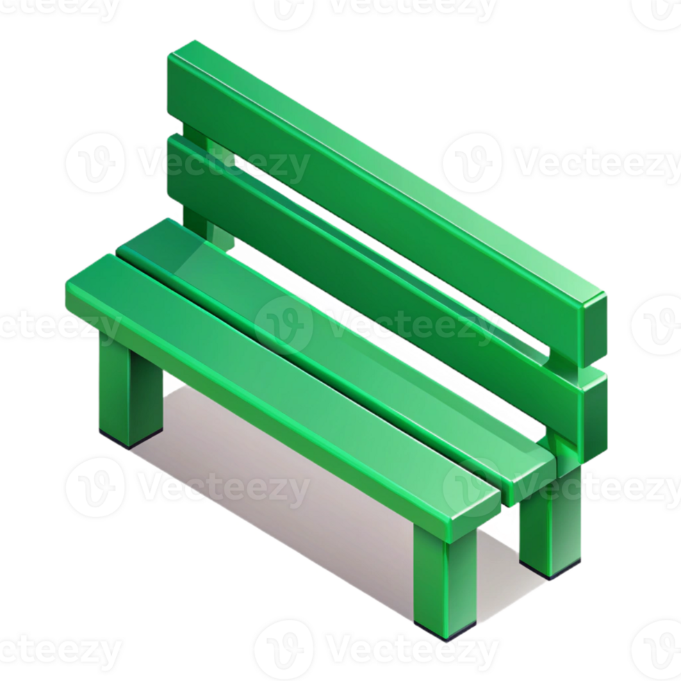 signature surreal Isometric park bench, flat green color, crisp edges, geometric with Scalable Design. expertly shot png