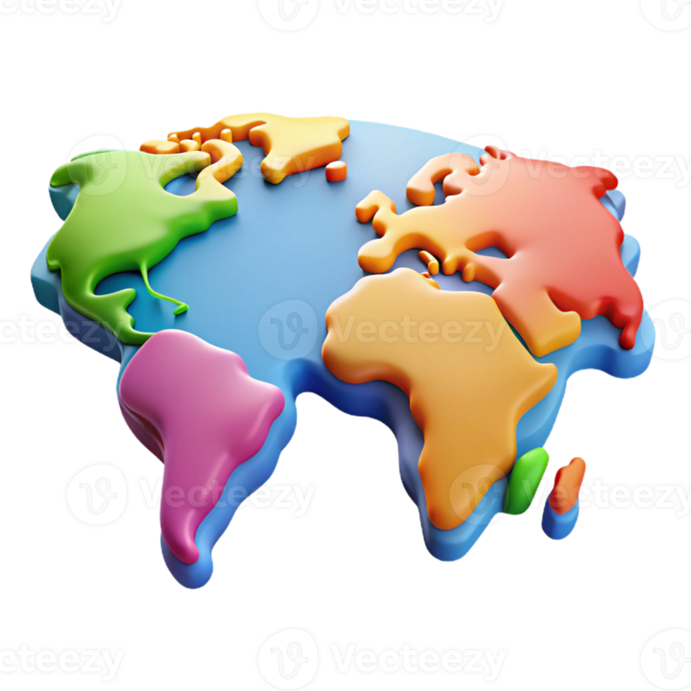 inspired art deco World map with highlighted continents in different flat colors. Crisp edges, clean lines with Scalable Design. ultra HD png