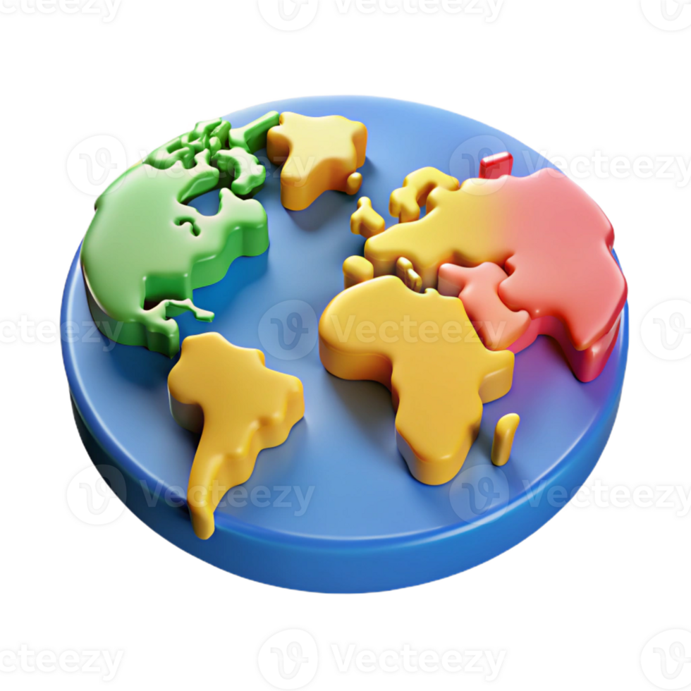 vibrant artistic World map with highlighted continents in different flat colors. Crisp edges, clean lines with Scalable Design. detailed png