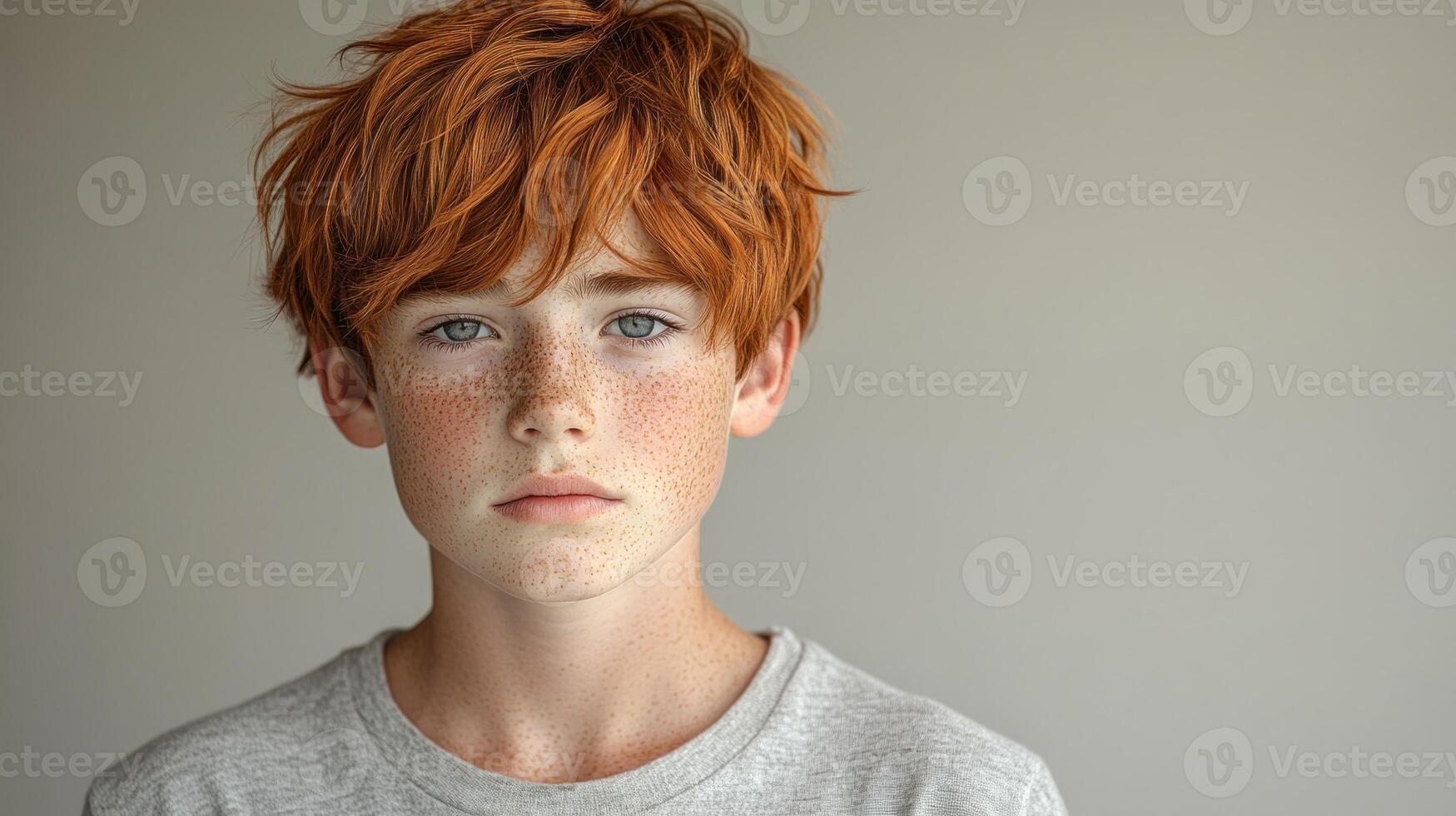 Portrait of a freckled boy with striking red hair against a simple backdrop photo