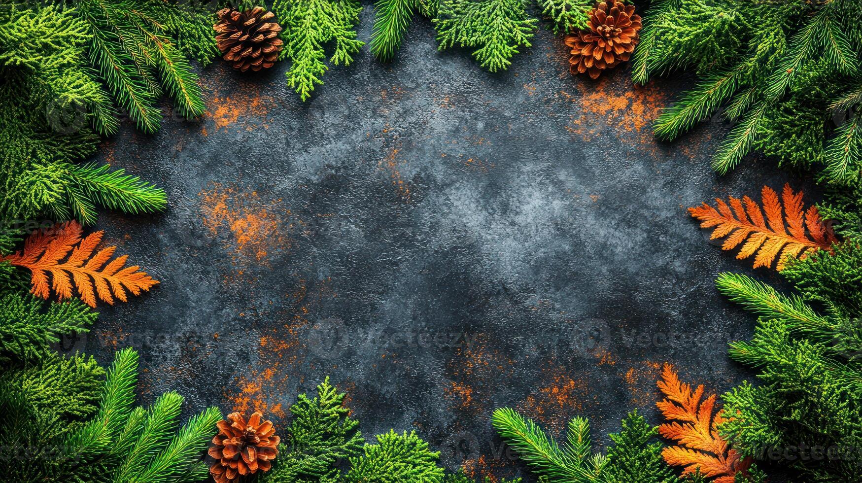 Vibrant pine and fern foliage framing a rustic stone surface in autumn hues photo