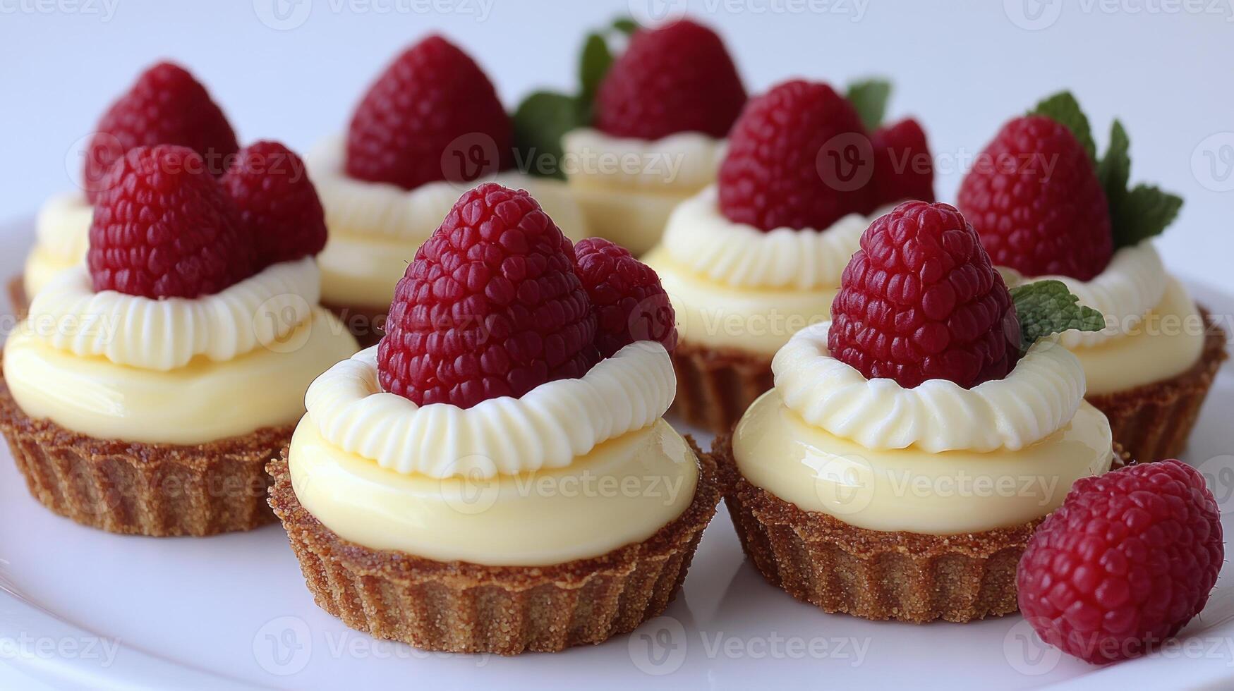 Delightful raspberry tarts with creamy filling and fresh mint garnishing photo