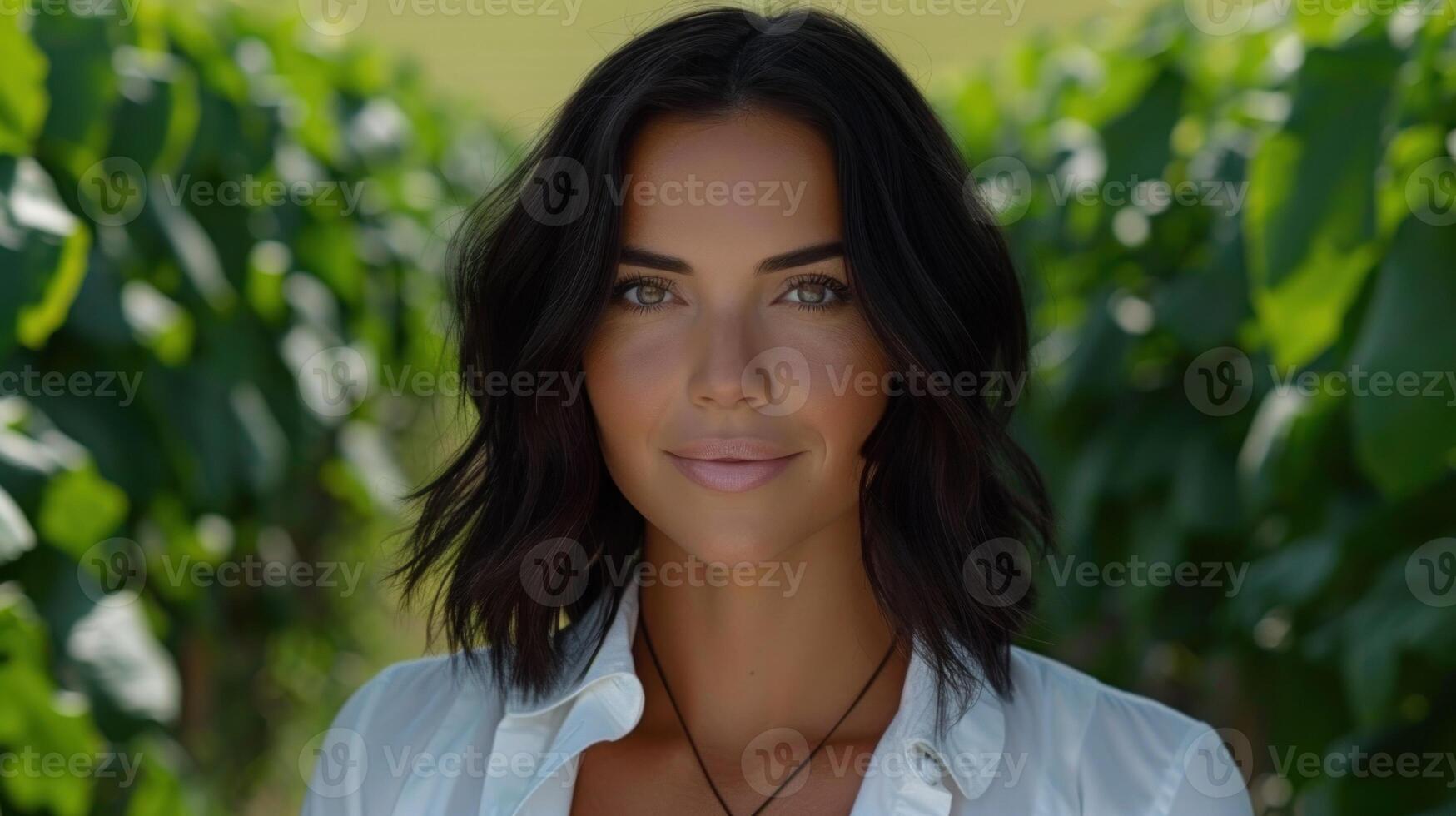 Portrait of a confident woman among lush vineyard rows on a sunny afternoon photo