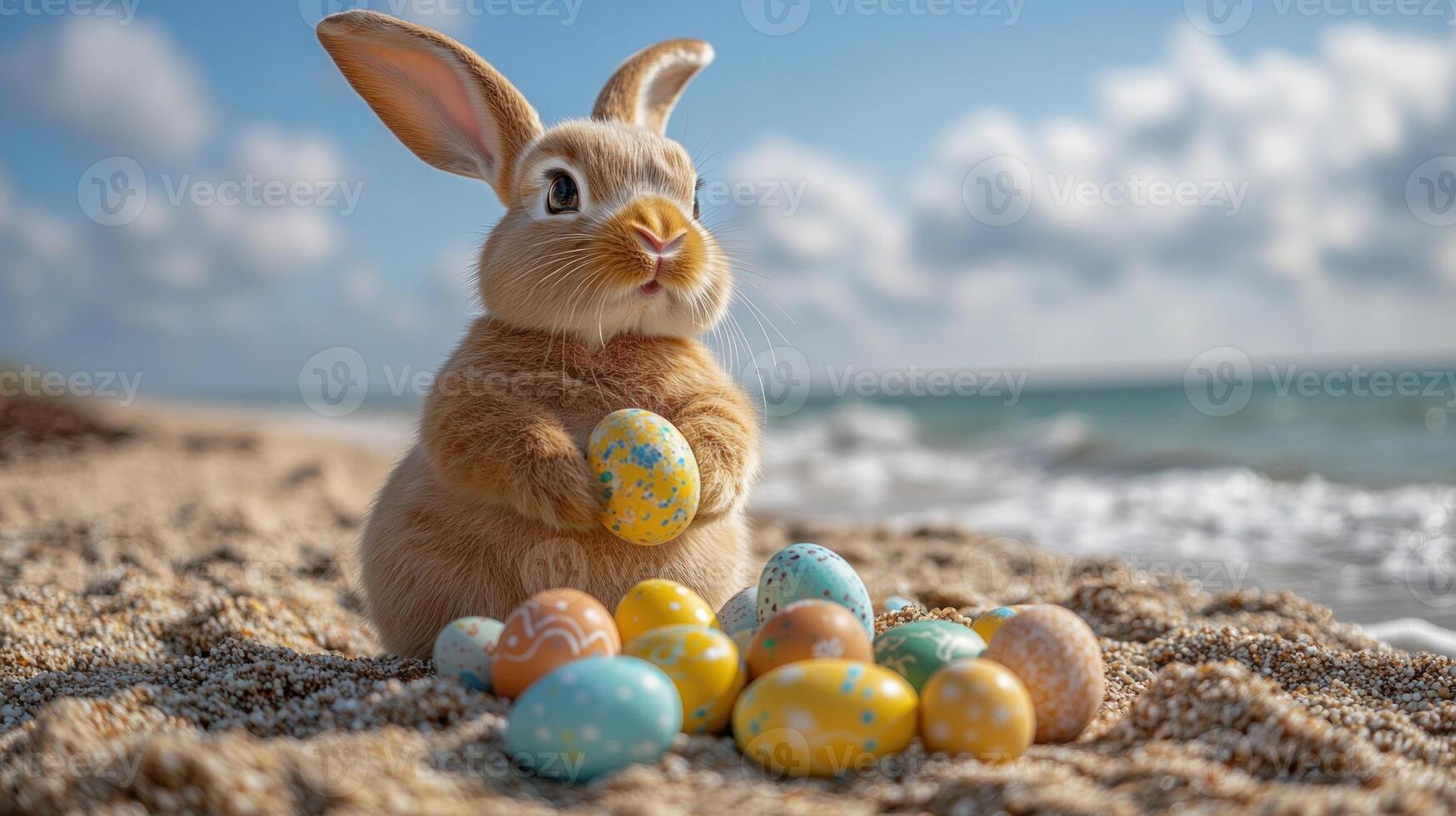 Cute bunny discovers colorful eggs on a sunny beach with waves gently crashing photo