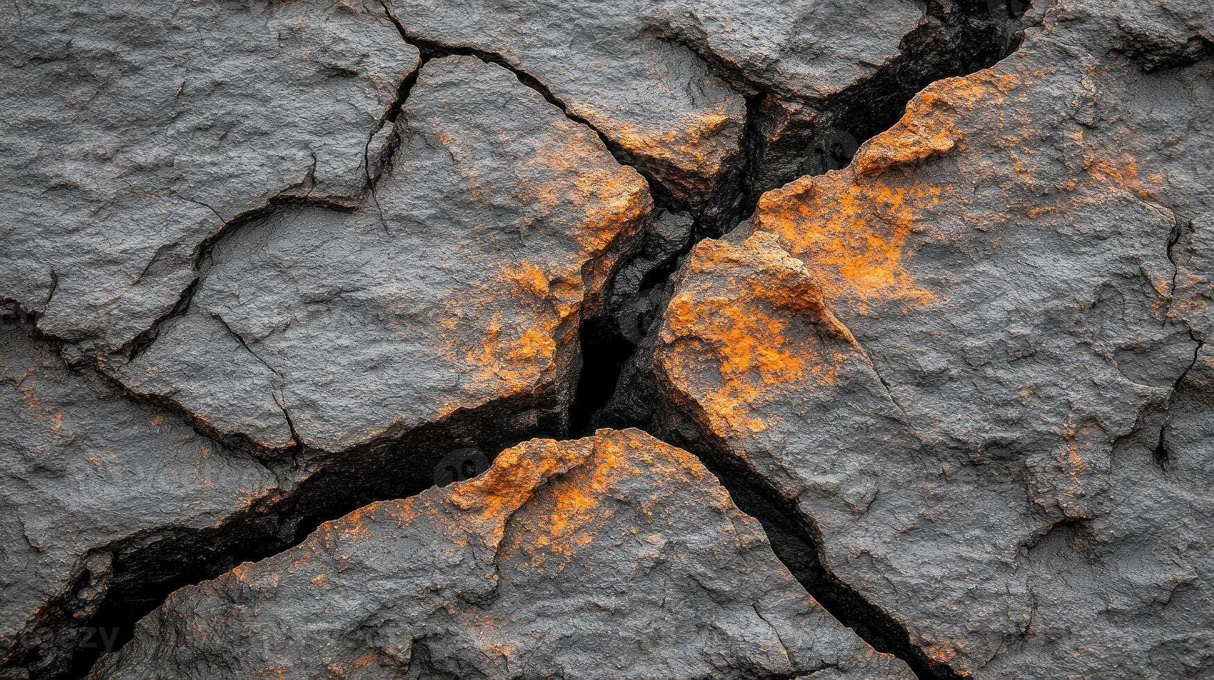 Cracked surface revealing vibrant rust in a rocky landscape at dusk photo