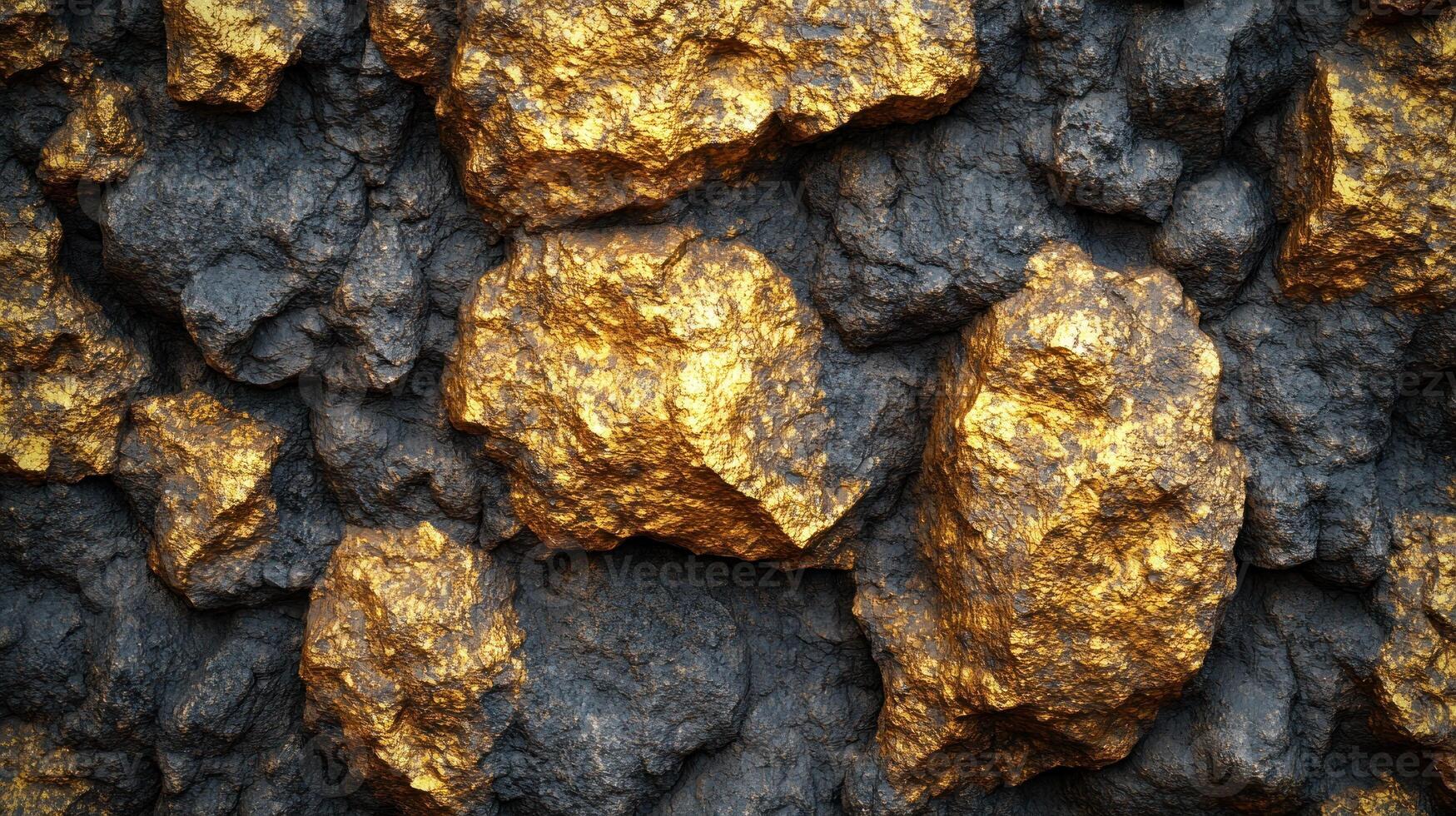 Carved golden stones gleaming against a dark rocky background in an artistic display photo