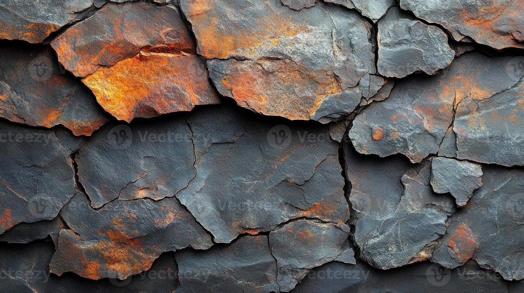 Textured surface of weathered slate rock with striking orange accents photo