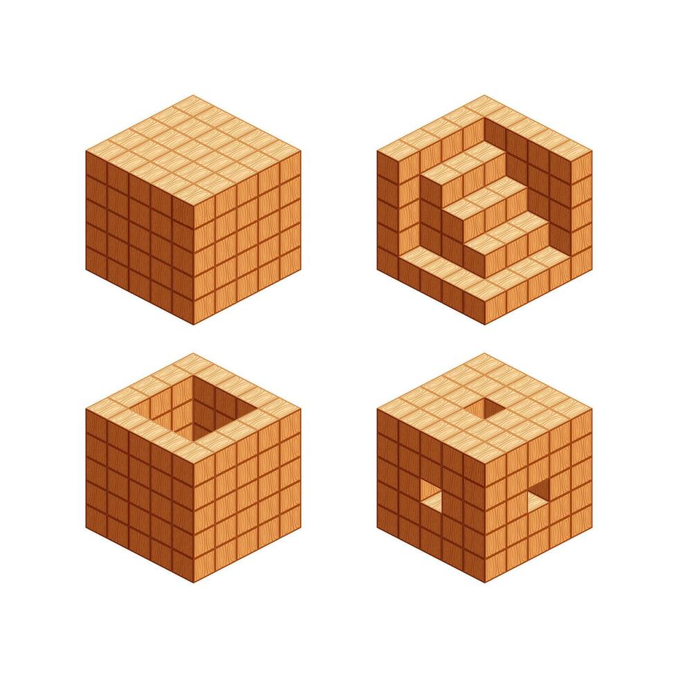 wooden cubes isometric for children learning, tower wood cubes sample different, 3d cubes wood for logic counting of preschool children, block wooden square for mathematical game kid vector