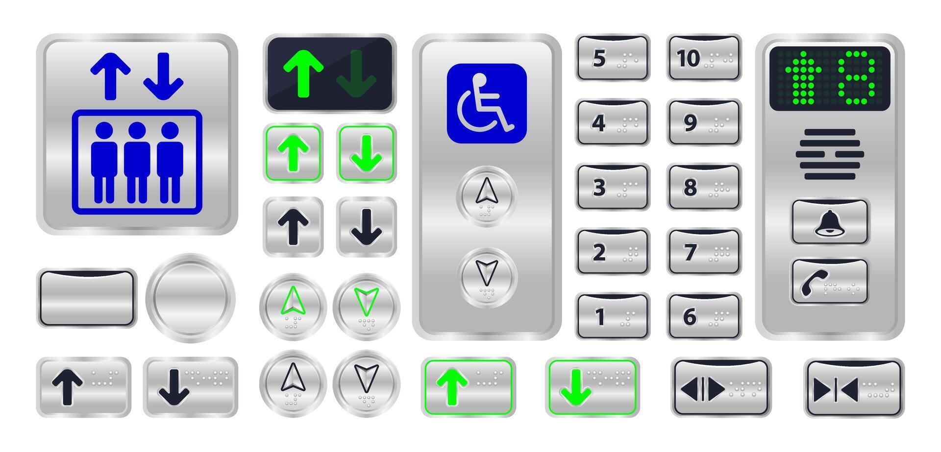 elevator button with braille sign isolated on white, silver metal elevator logo modern, set of elevator button steel symbol with number braille, control panel of elevator internal and braille language vector