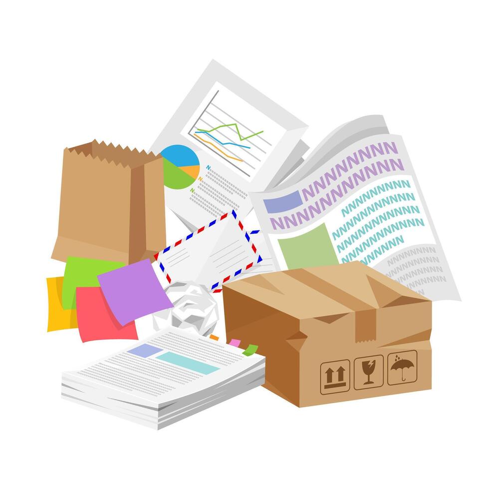 paper waste many isolated on white, pile of paper garbage for recycling, waste paper or rubbish recycle document office, illustration paper waste garbage for recycle and separation vector