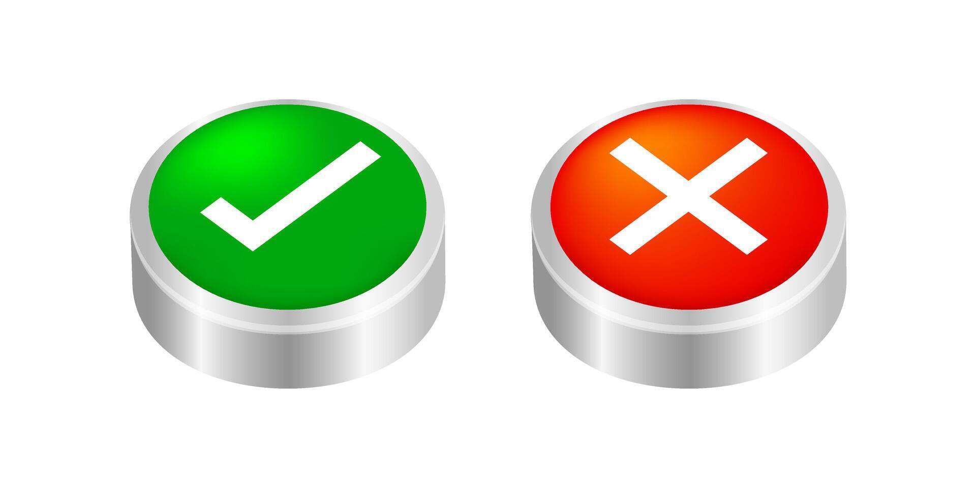 button push 3d checkmark and x or confirm and deny for apps and websites, icon 3d checkmark choice, checkbox button for push choose game, answer box for checklist, approval sign or check buttons push vector