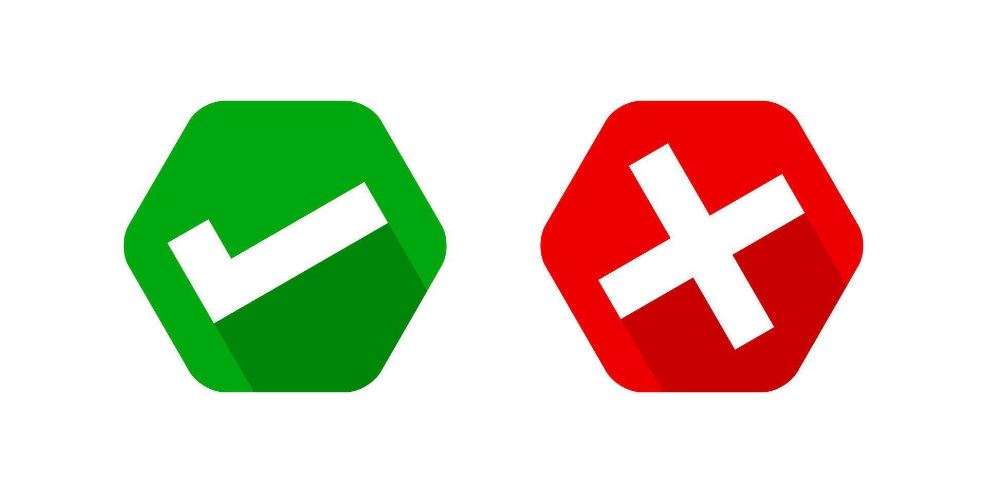 hexagon check mark and x or confirm and deny, hexagon button checkmark for apps or websites, icon checklist choice, checkbox button for choose, hexagon answer box for check mark, approval check signs vector