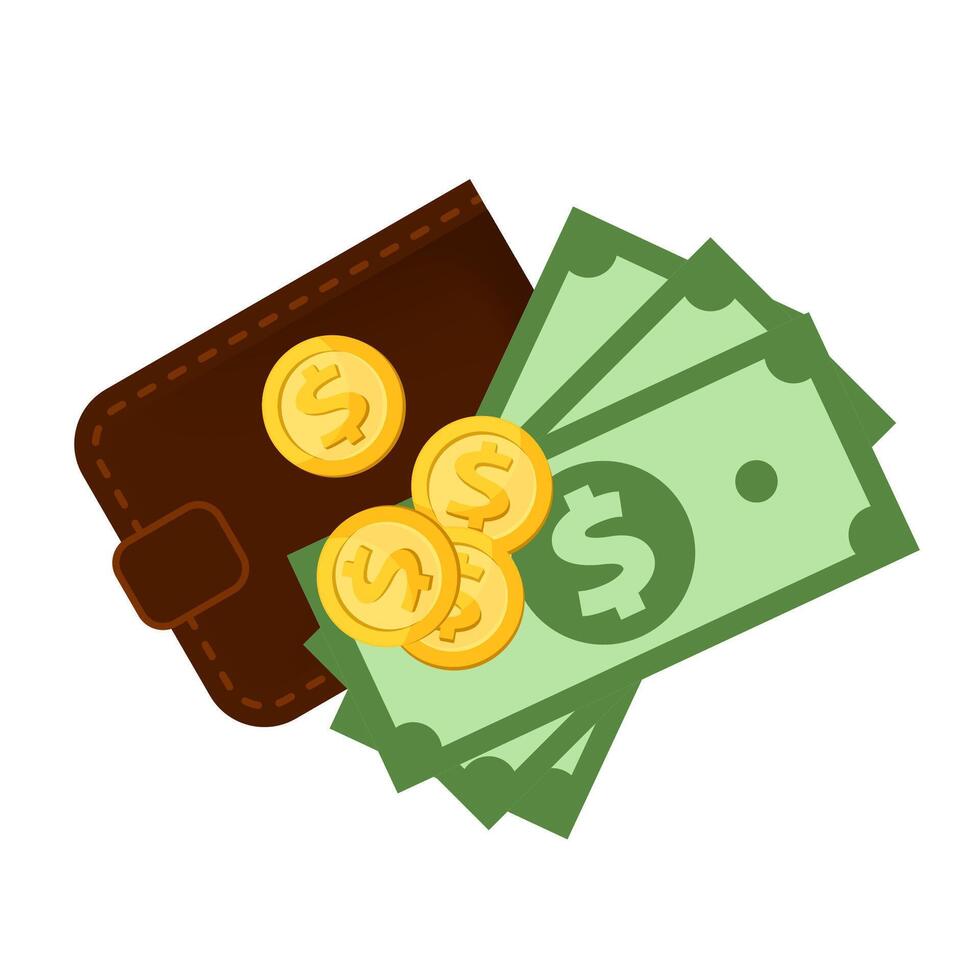 pile money dollar and brown wallet isolated on white, token dollar and banknote at wallet for payment icon, clip art wallet on banknote money, banknote pile medal coin money, currency cash pay concept vector