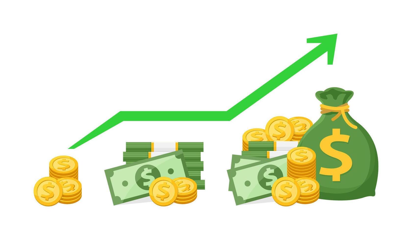 money and green arrow pointing up icon isolated on white, retirement money plan with arrow chart saving money concept, investment money and business finance growth, copy space for finance banner ad vector