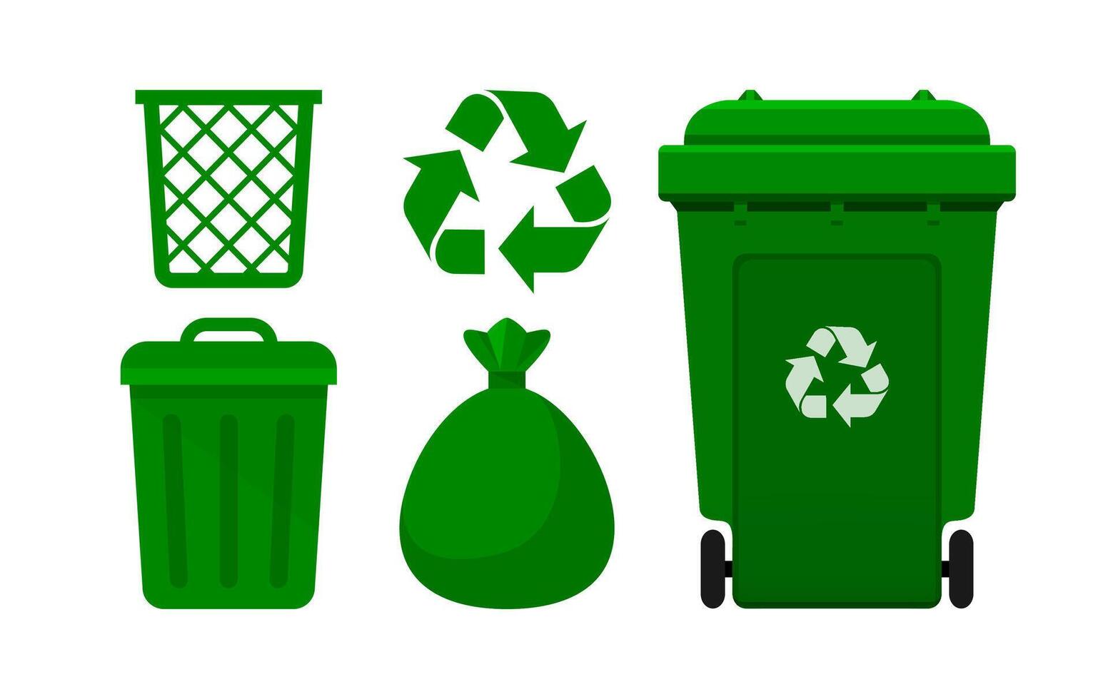 Green Bin Collection, Recycle Bin and Green Plastic Bags Waste isolated on white, Bins Green with Recycle Waste Symbol, Front view set of the Yellow Bins and Bag Plastic for Garbage waste, 3r Trash vector