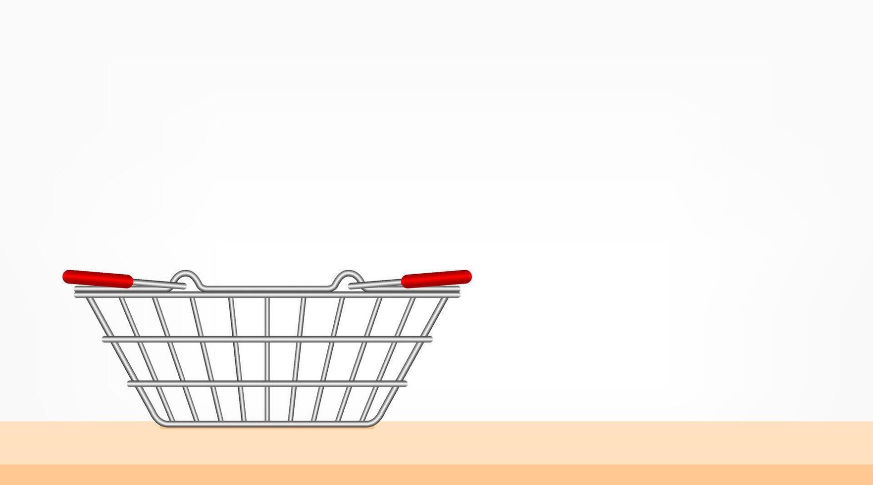 metal basket empty for supermarket, shopping basket silver on the top table front, handle basket metal side view on wood floor, basket market cart for sale with handles, illustration and copy space vector