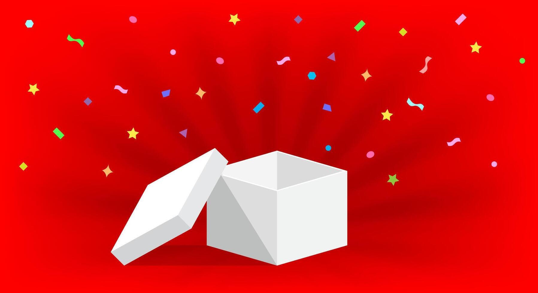 empty box open isolated on red background, open white box for surprise or gift present, blank box copy space for greeting text concept, white gift box and a ribbon confetti colorful vector