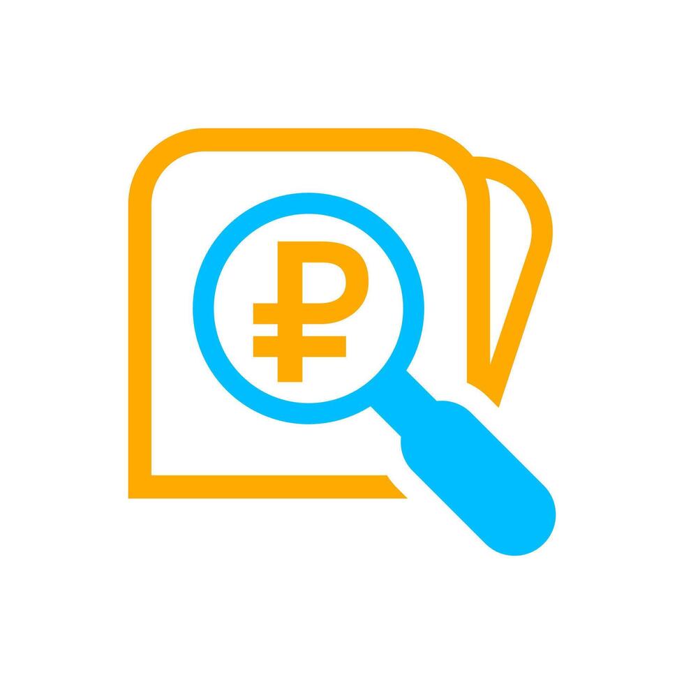 magnifying glass with ruble currency money search icon, russia ruble coin with magnifying glass for button app, research icon blue on orange wallet, ruble money in search symbol isolated on white vector