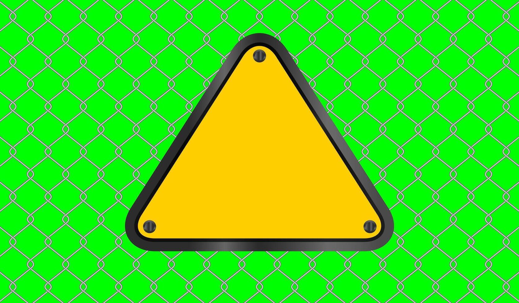 caution sign yellow triangle placed on steel wire fence on green screen background, fence metal grid, wire iron fence isolated on green, copy space vector