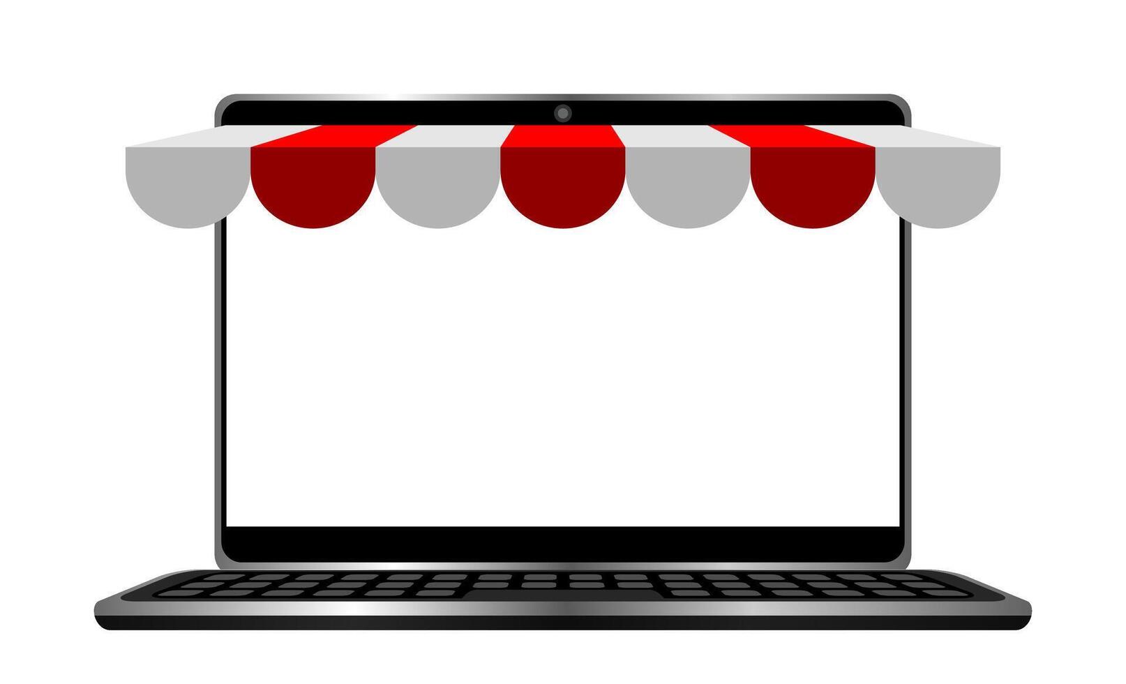 notebook screen with red awning roof, storefront shop in online shopping concept, mock-up computer screen for copy space, blank laptop screen isolated on white, mock up display computer equipment vector