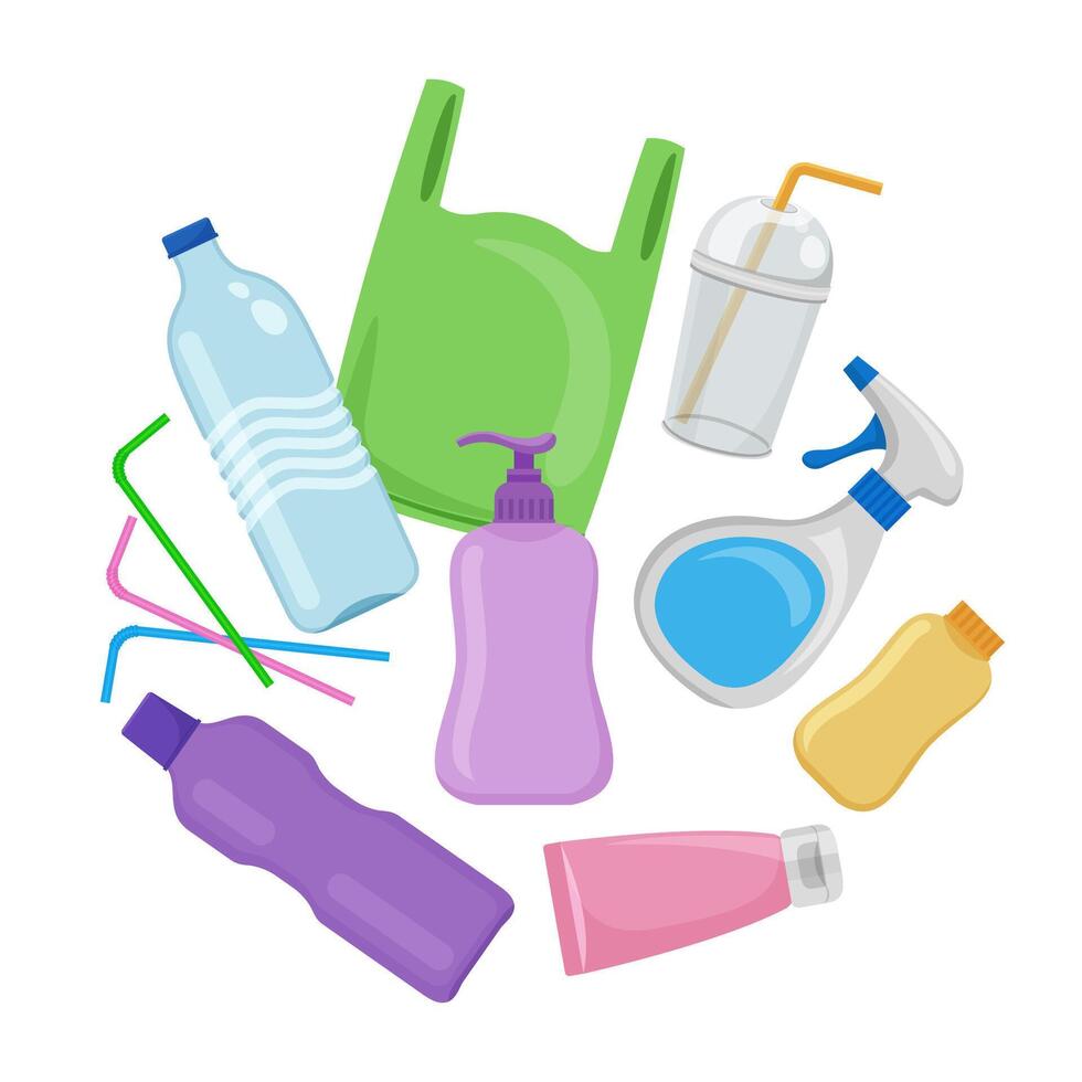 plastic waste many isolated on white, pile of plastic garbage for recycling, waste bottle and bag plastic or rubbish recycle, illustration plastic waste garbage for recycle and separation vector