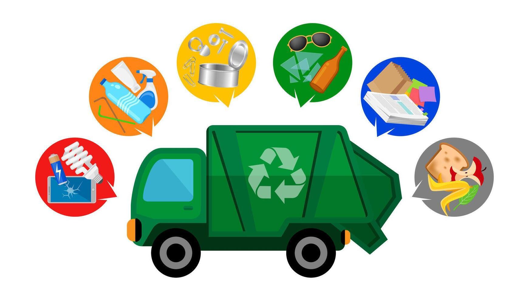 garbage truck and waste isolated on white background, clip art of recycle waste truck for cleaner management, garbage truck icon simple, illustration garbage truck green for flat infographic symbol vector