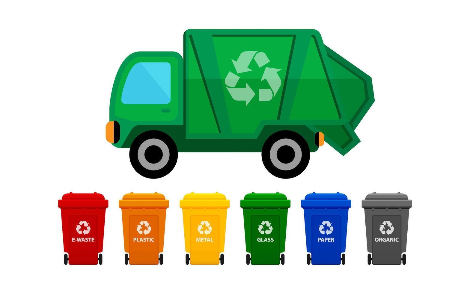 garbage truck and various types of trash bin isolated on white, recycle truck waste and bins multi colors, garbage truck and dustbin with wheels, garbage truck green and wheel trash bin vector